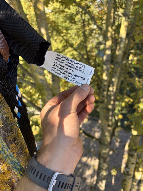 Hand hält Holzplakette "Baumhalteschlaufe" an Seil in Wald mit grünem Laub im Hintergrund.